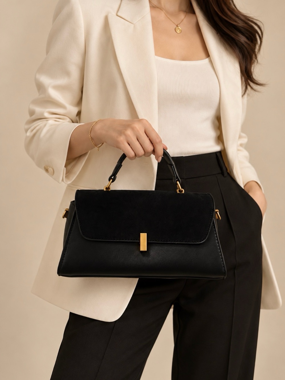 Chic Black Top-Handle Satchel with Gold Accent